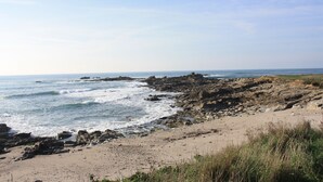 Una spiaggia rocciosa con le onde che si infrangono sulla riva.