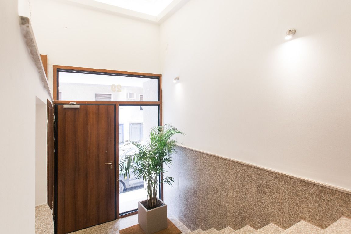 A hallway with a wooden door, a potted plant, and a tiled floor.