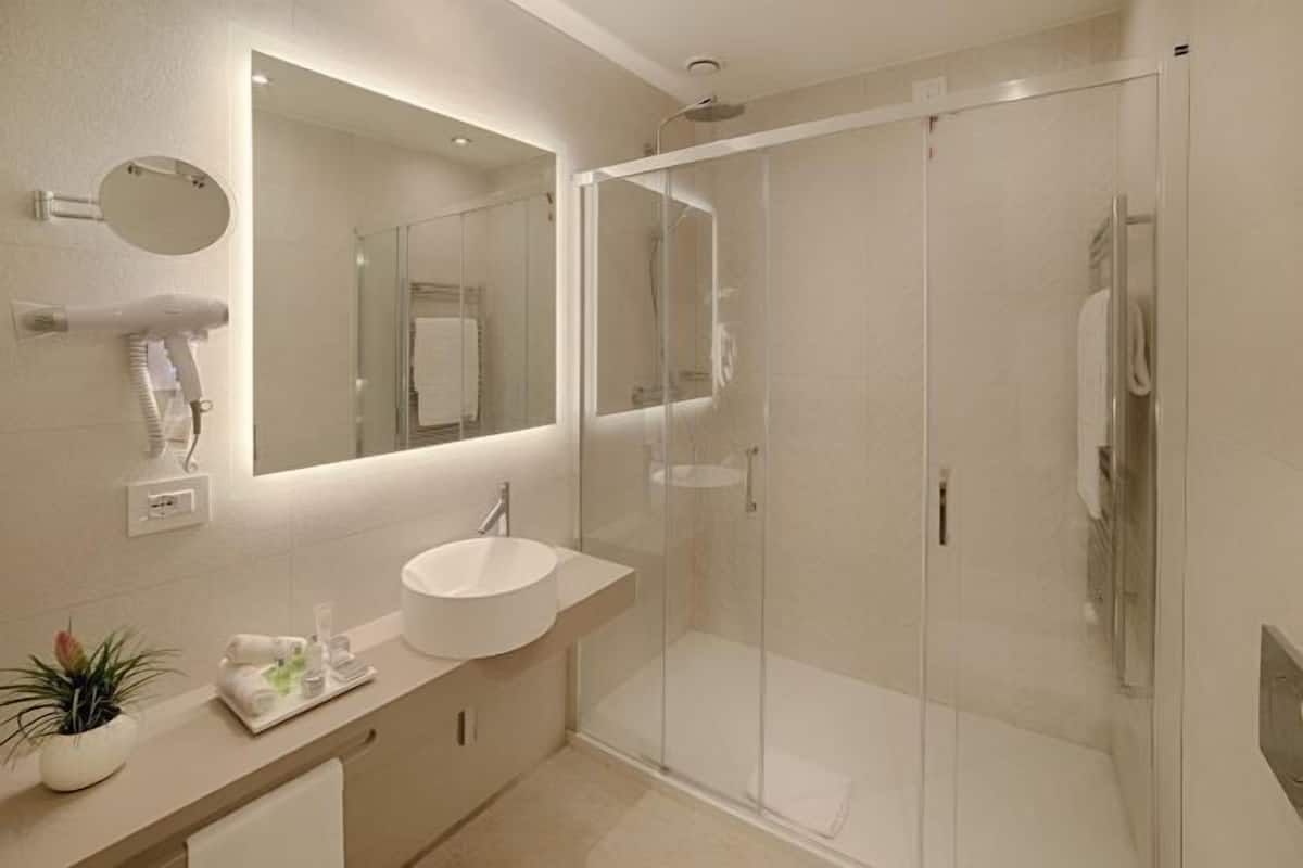 Eco-friendly toiletries, hair dryer, towels, soap