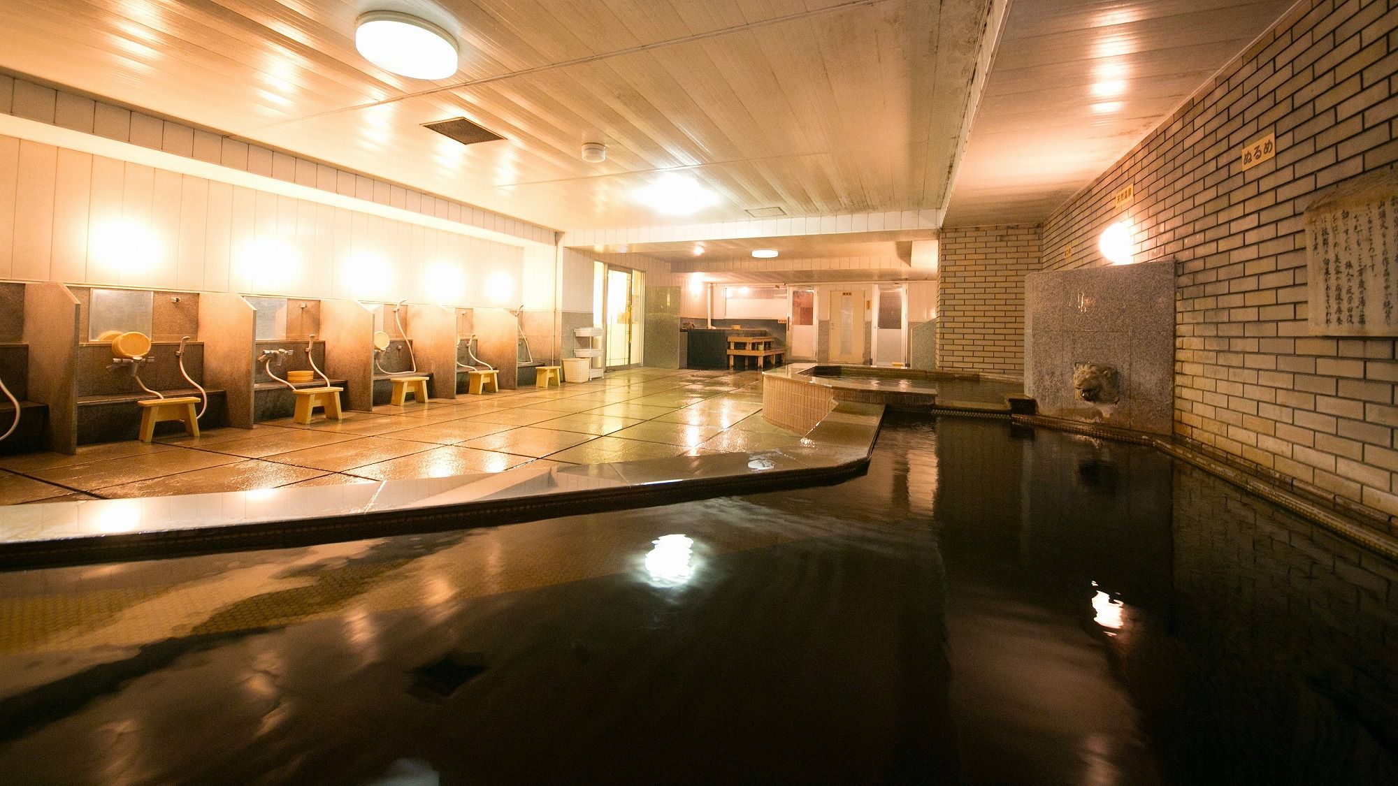 A public bath area with multiple benches and a central pool.