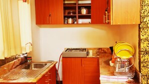 A compact kitchen with wooden cabinets, a sink, a stove, and a dish rack.