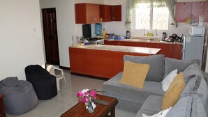 A compact living space with a kitchenette, a grey sofa with cushions, a small coffee table with a vase, and a bean bag chair.