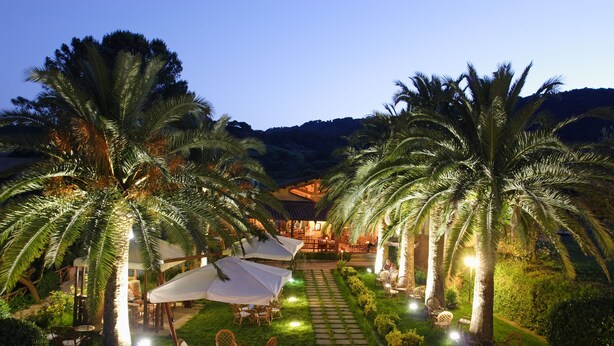 A well-lit outdoor patio area with palm trees, white umbrellas, and seating arrangements. - Agriturismo Il Borgo sul Lago (Maierato)