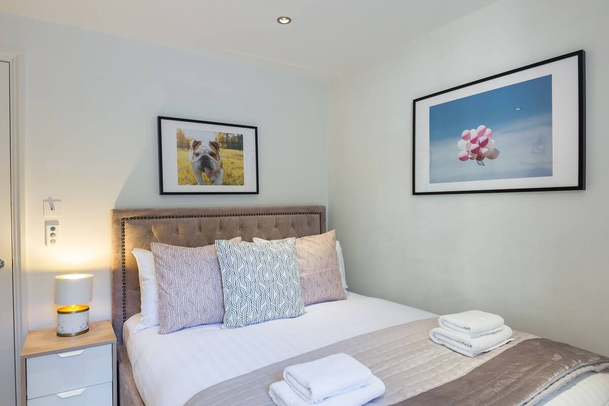 A neatly made bed with patterned pillows, a bedside lamp, and a framed picture of a dog on the wall.