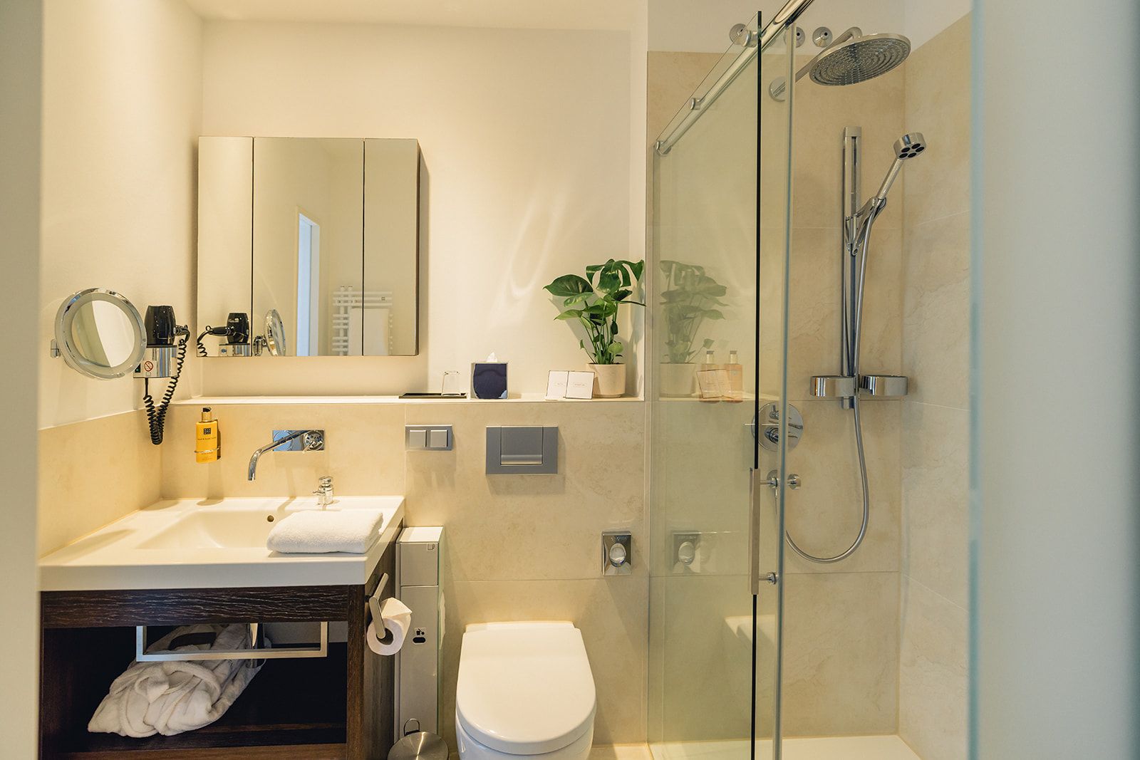 A modern bathroom with a glass-enclosed shower, a sink with a towel, a toilet, and a mirror.