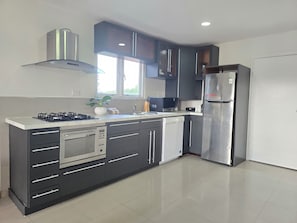 Fridge, microwave, oven, stovetop