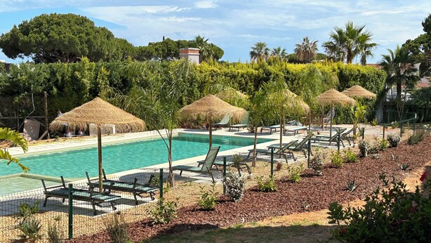 Un área de piscina con sillones de descanso y sombrillas de paja, rodeada de follaje y árboles.