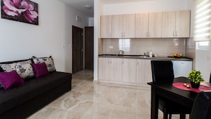 Family Studio, Mountain View | Private kitchenette | Fridge, stovetop, electric kettle, cookware/dishes/utensils - Apartmans Sunrise (Igalo)