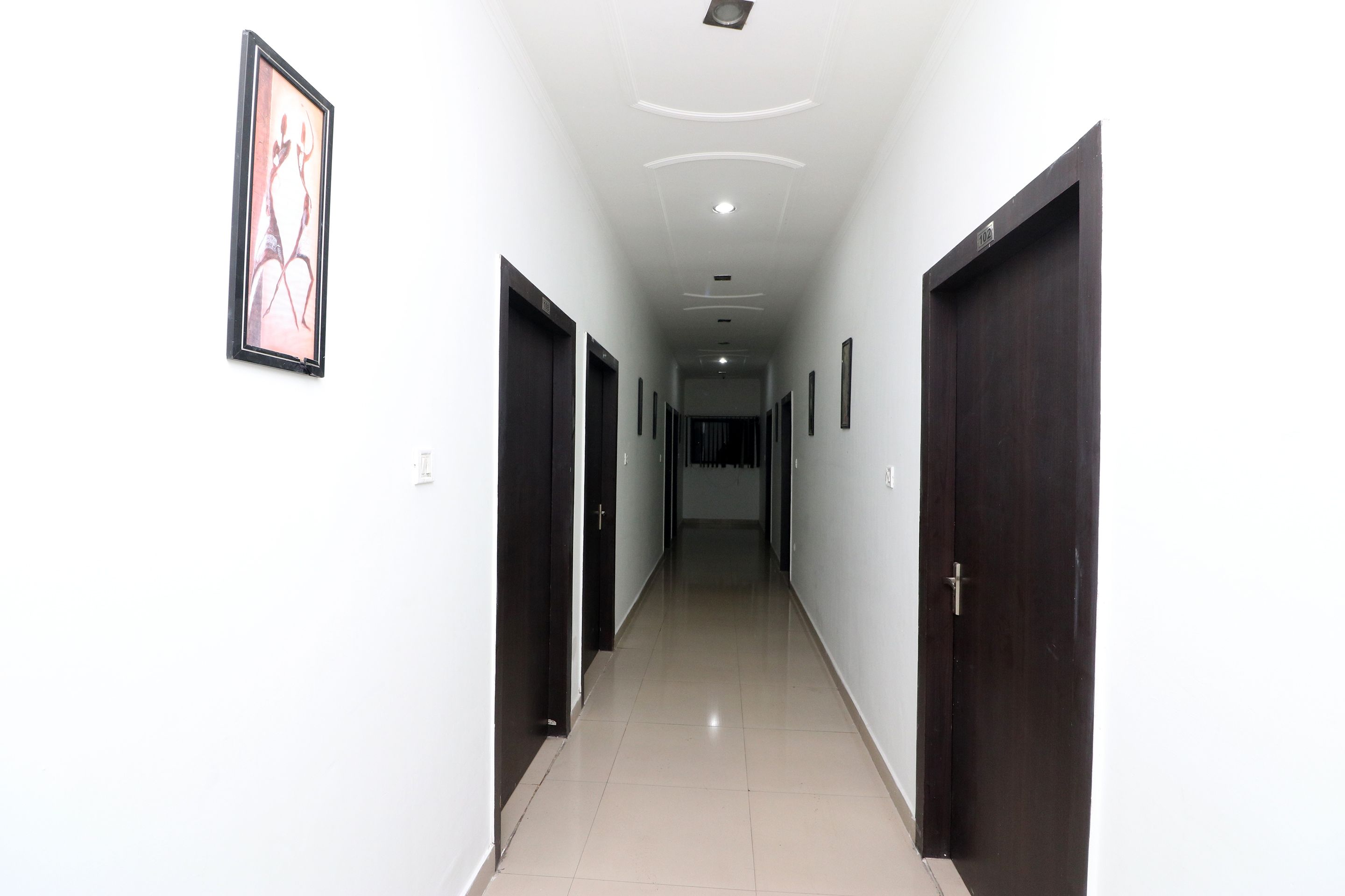 A long, narrow hallway with dark wooden doors on both sides, white walls, and a framed artwork on the left wall.