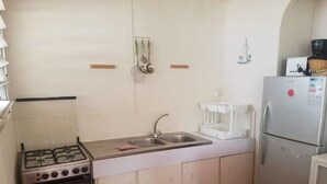 Une cuisine compacte équipée d’une cuisinière à gaz, d’un évier, d’un réfrigérateur et d’un four à micro-ondes.