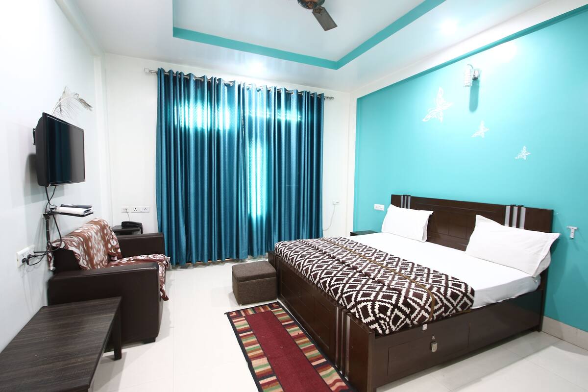 A bedroom with a bed, a sofa, a TV, and curtains.