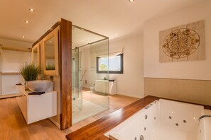 Combined shower/bathtub, hair dryer, bidet, towels