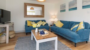 Un salon avec deux canapés bleus, une table basse en bois, un téléviseur posé sur un meuble, une suspension en fibres tressées et un miroir accroché au mur.