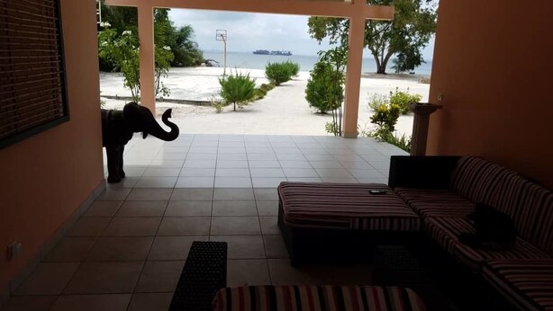 Een kamer met een betegelde vloer, een gestreept sofa, een kleine olifantbeeldje en uitzicht op een strand met een schip in de verte.