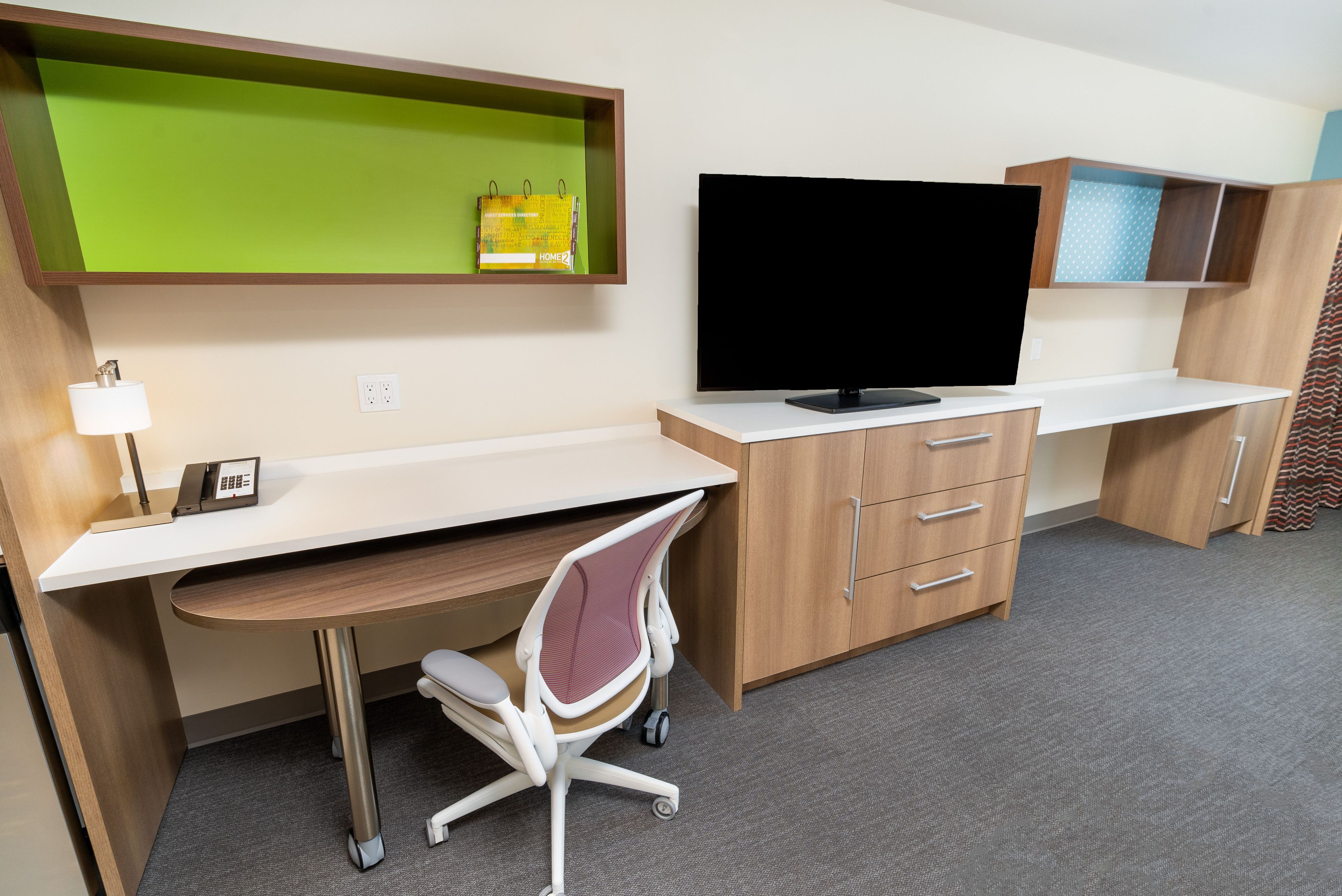 hypo-allergenic bedding, desk, blackout curtains, iron/ironing board