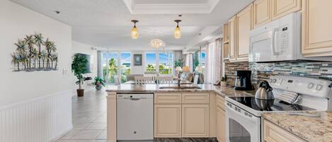 Fridge, microwave, coffee/tea maker, toaster