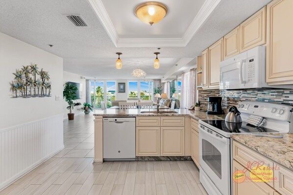 Fridge, microwave, coffee/tea maker, toaster