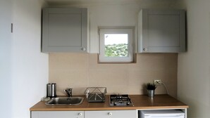 Eine kleine Küche mit Fenster, Spüle, Gasherd, Schränken und einem Blumentopf.