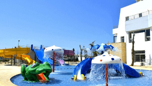 Un parc aquatique avec des toboggans et une fontaine en forme de grenouille.