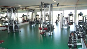 Une salle de sport équipée de divers appareils d’exercice, dotée d’un sol vert et d’un mur recouvert de miroirs.
