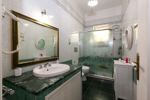 Shower, hair dryer, bidet, towels