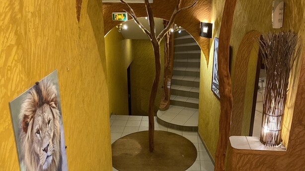 A corridor with a tree structure, a lion painting, and a staircase. - Kactus  Lodge (Pointe-Noire)