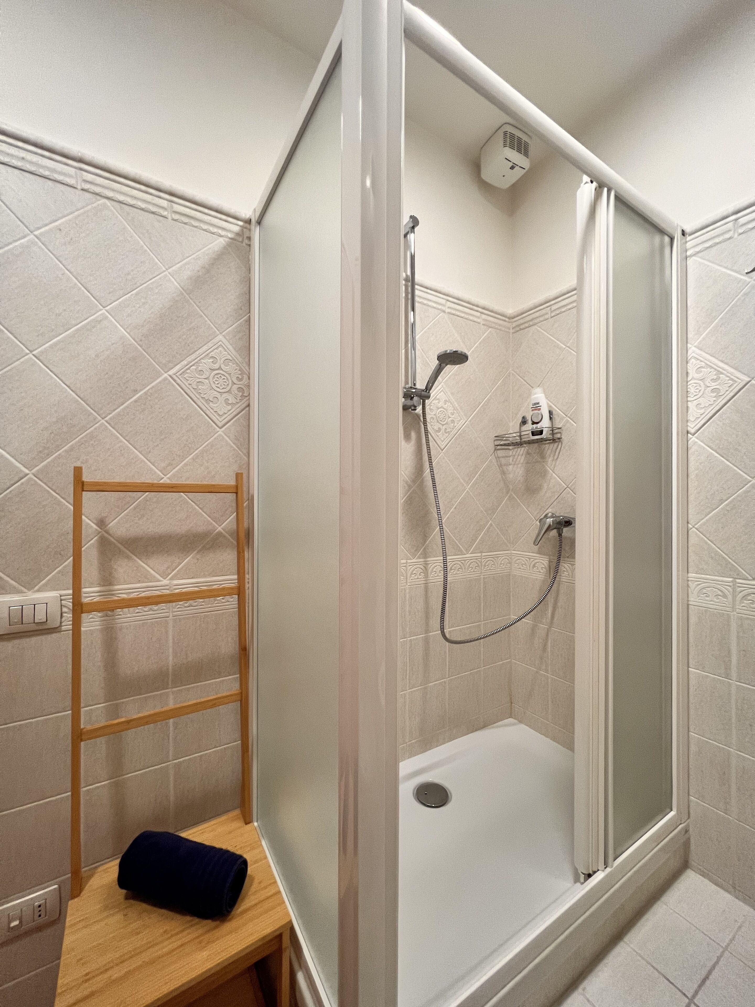 A modern shower area with a glass door, a handheld showerhead, and a wall-mounted faucet.