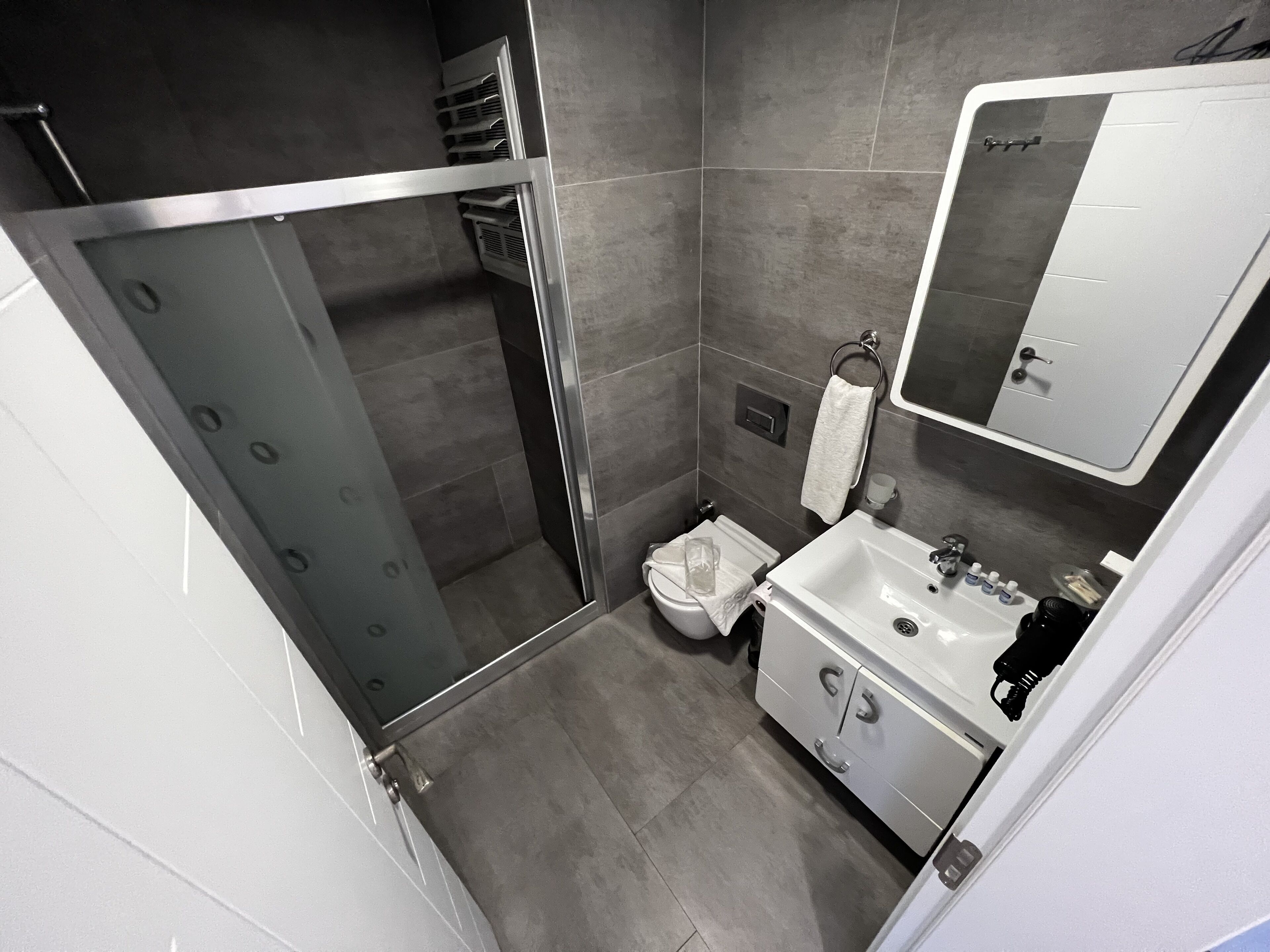 Une salle de bain moderne avec une douche à parois de verre, un lavabo blanc et un miroir au-dessus du lavabo.
