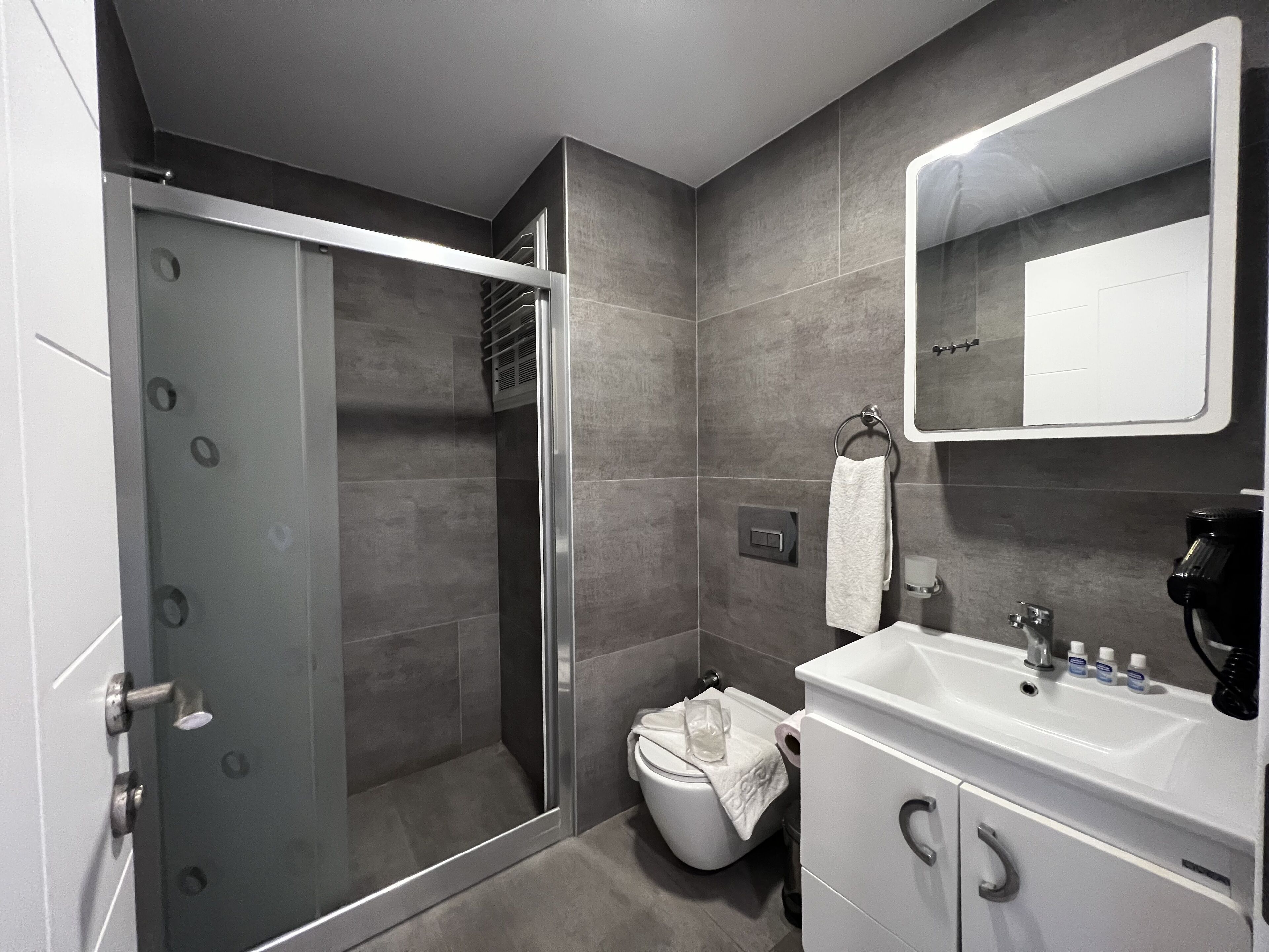 A modern bathroom with a glass shower enclosure, a toilet, a sink with toiletries, and a mirror.