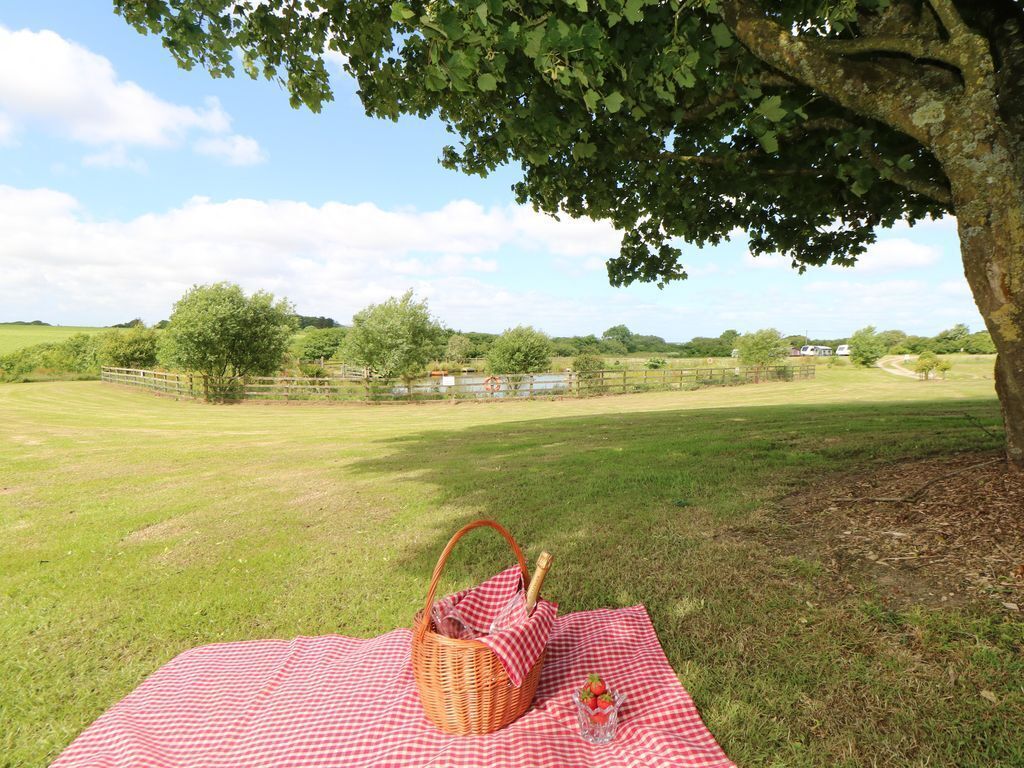 Un coin pique-nique aménagé avec une couverture à carreaux, un panier et une bouteille, le tout installé sur un champ d’herbe.