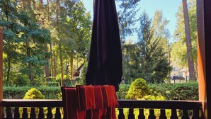 Ein Balkon mit rotem Streifenpolster, einem schwarzen Sonnenschirm und Blick auf eine bewaldete Gegend mit hohen Bäumen und einer gepflegten Hecke.