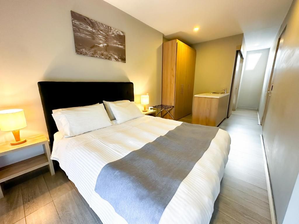Quarto de hotel com uma cama grande, mesa de cabeceira com abajur, guarda-roupa e banheiro com pia.