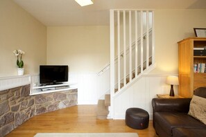 Smart-TV, peis, DVD-spiller og bøker