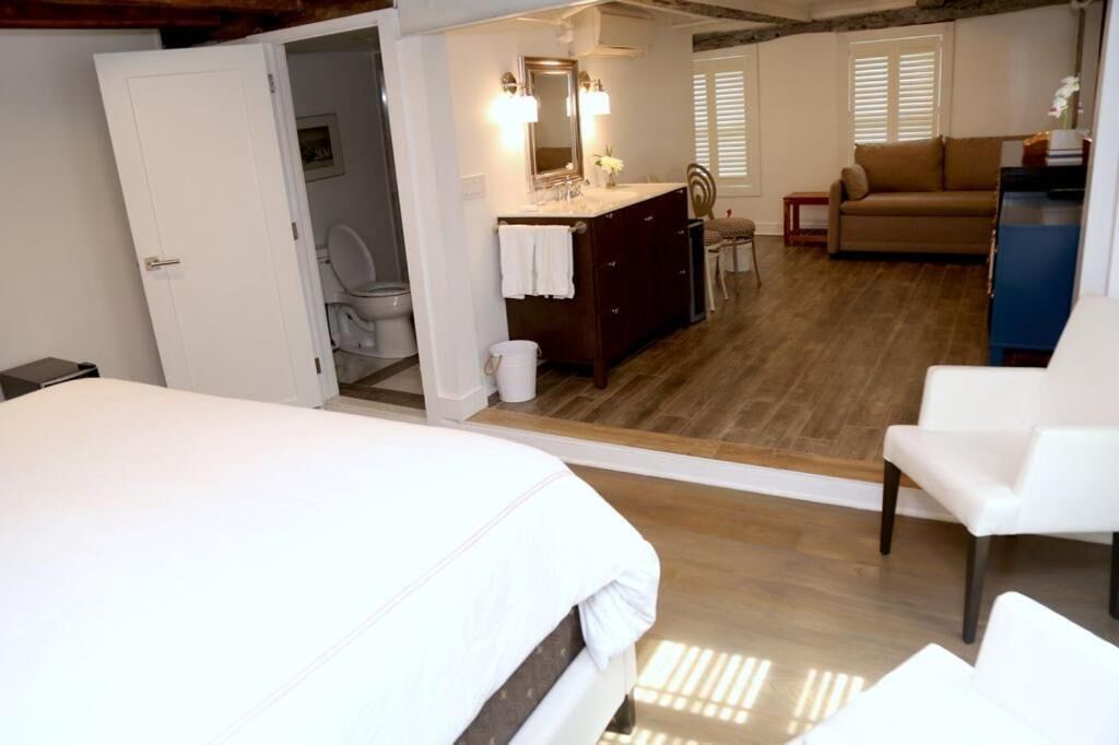 Una stanza con un letto, un bagno con lavandino e specchio, un pavimento in legno e un divano.