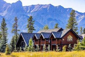 A lodge with multiple cabins, surrounded by tall pine trees and mountains in the background. - A Bear and Bison Inn (Canmore)