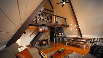 Smart TV, fireplace, video games, DVD player
