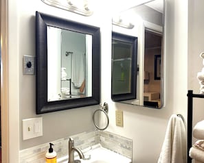 Hair dryer, towels, soap, shampoo