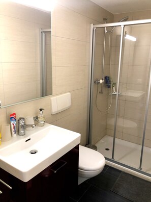 Duschwanne, Haartrockner, Handtücher, Seife