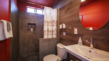 Shower, towels, soap, shampoo