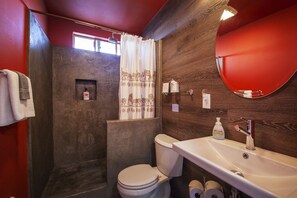 Shower, towels, soap, shampoo