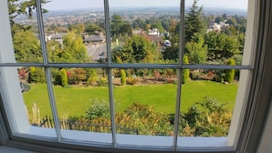 Vista a través de una ventana con diseño de cuadrícula, sobre un paisaje verde con árboles y un pueblo lejano.