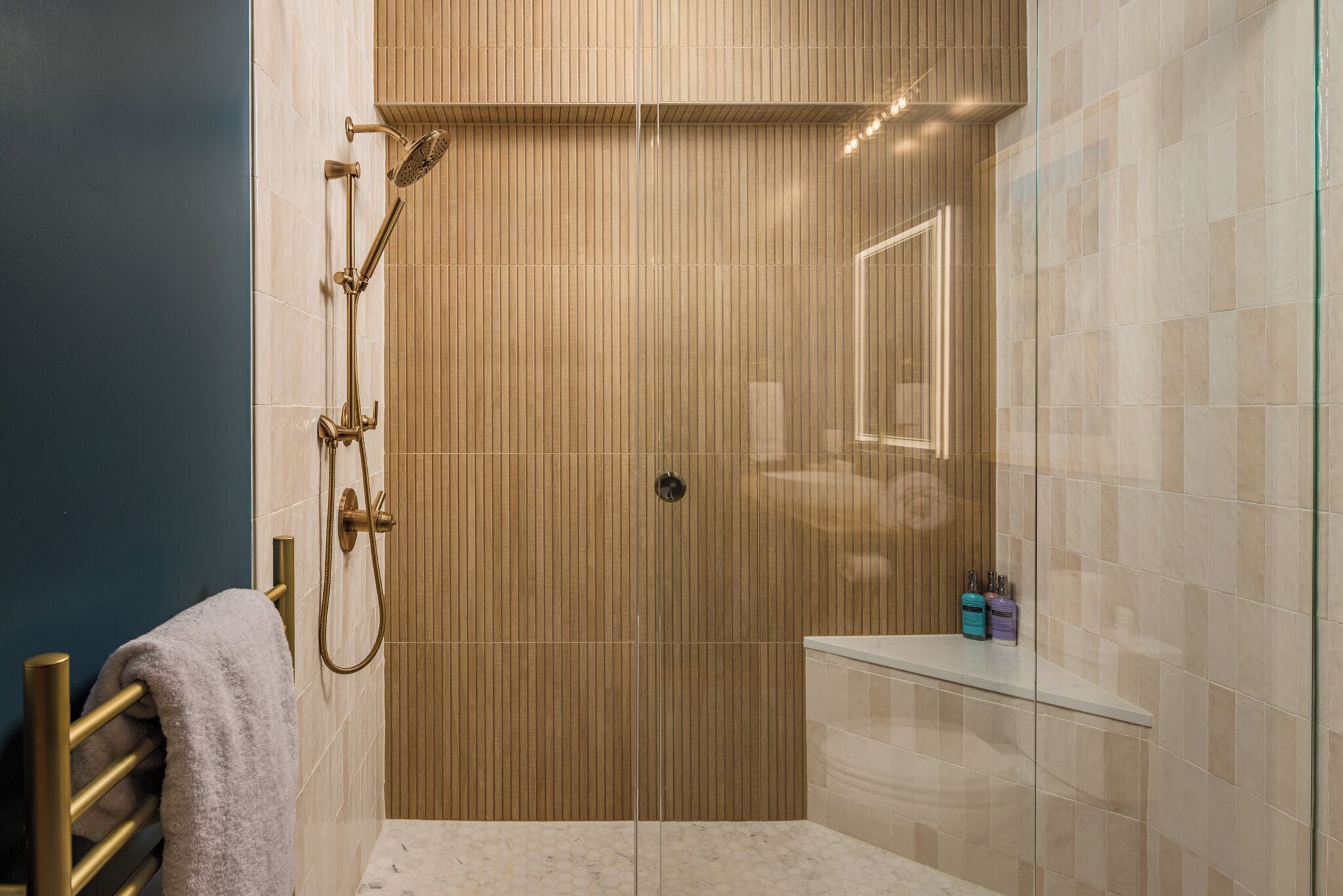 Une salle de bain moderne avec une douche à parois de verre, un porte-serviettes et une étagère contenant des articles de toilette.
