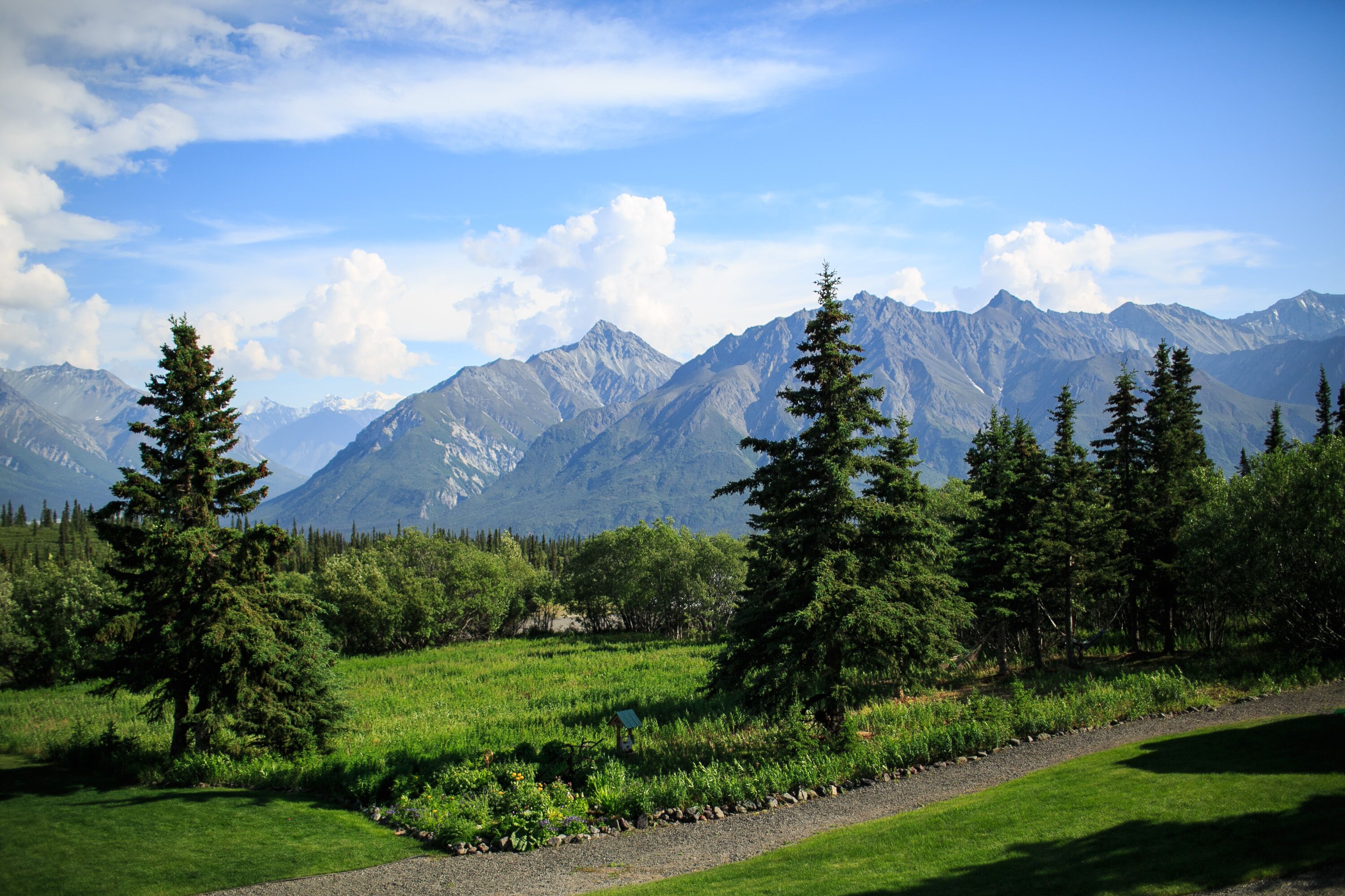A mountainous landscape with green fields and trees.