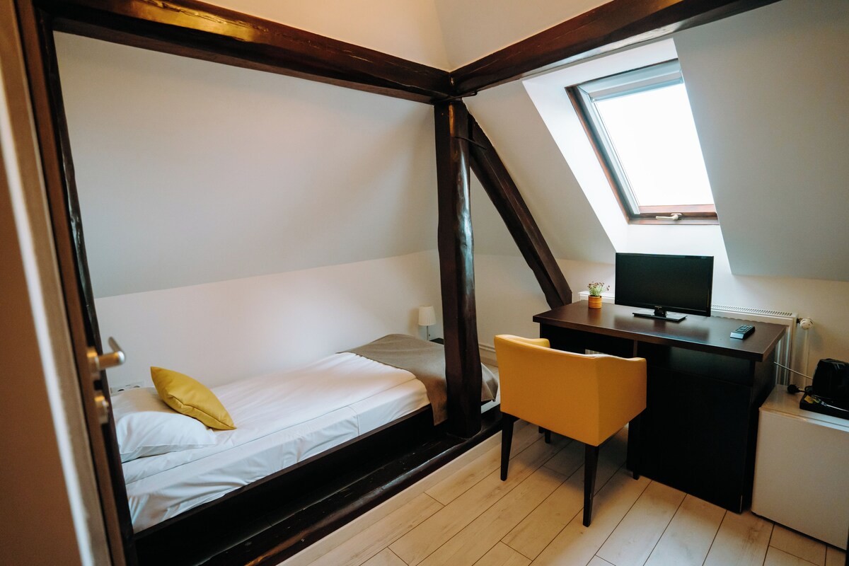 A bedroom with a bed, a desk, a chair, a television, and a skylight.