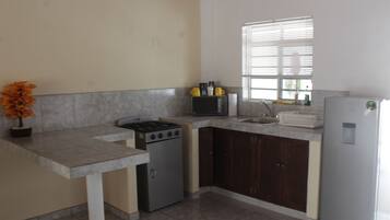 Fridge, microwave, stovetop, cookware/dishes/utensils