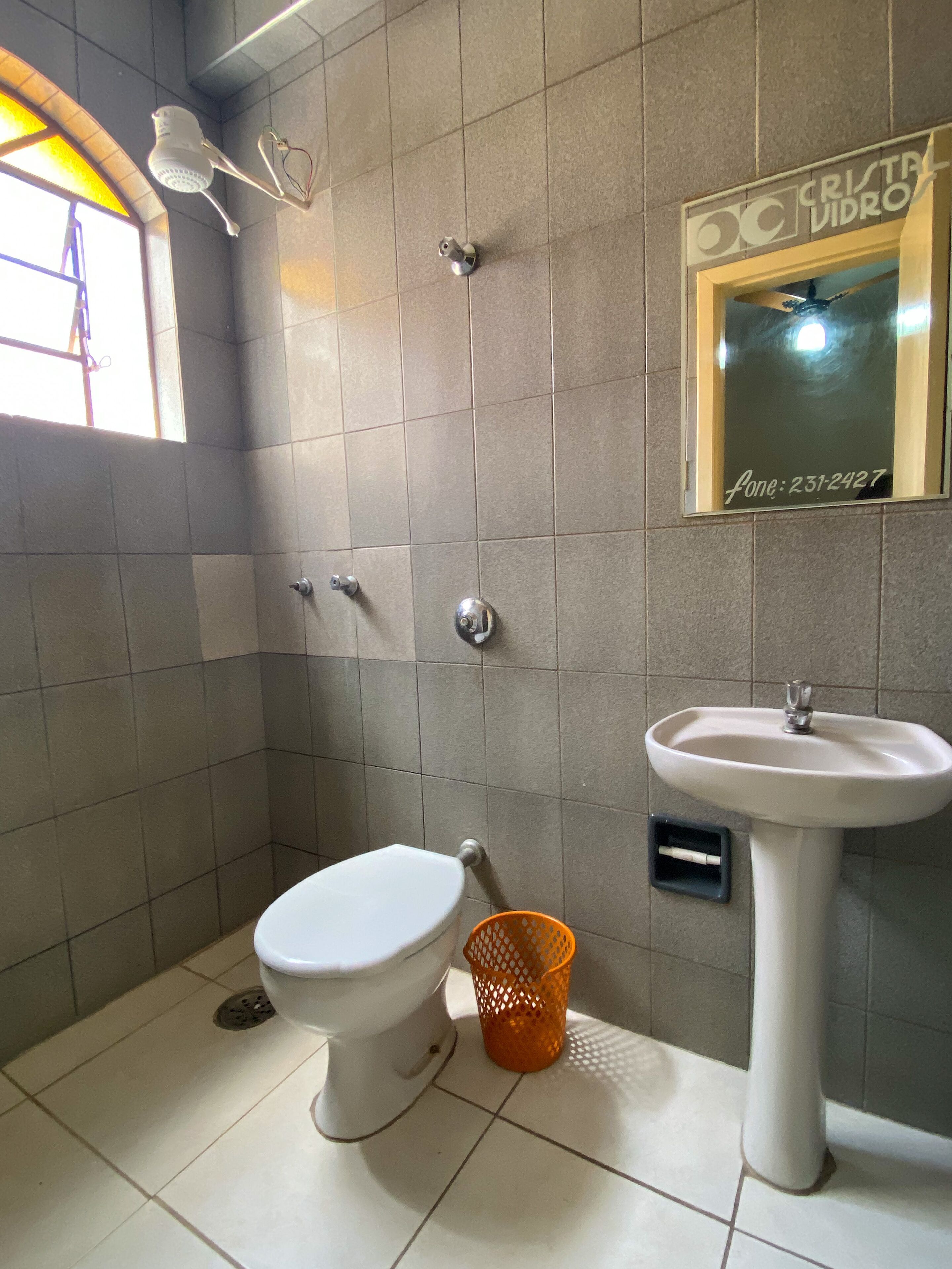 A bathroom with a toilet, sink, and showerhead.