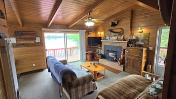 Smart TV, fireplace, books, video library