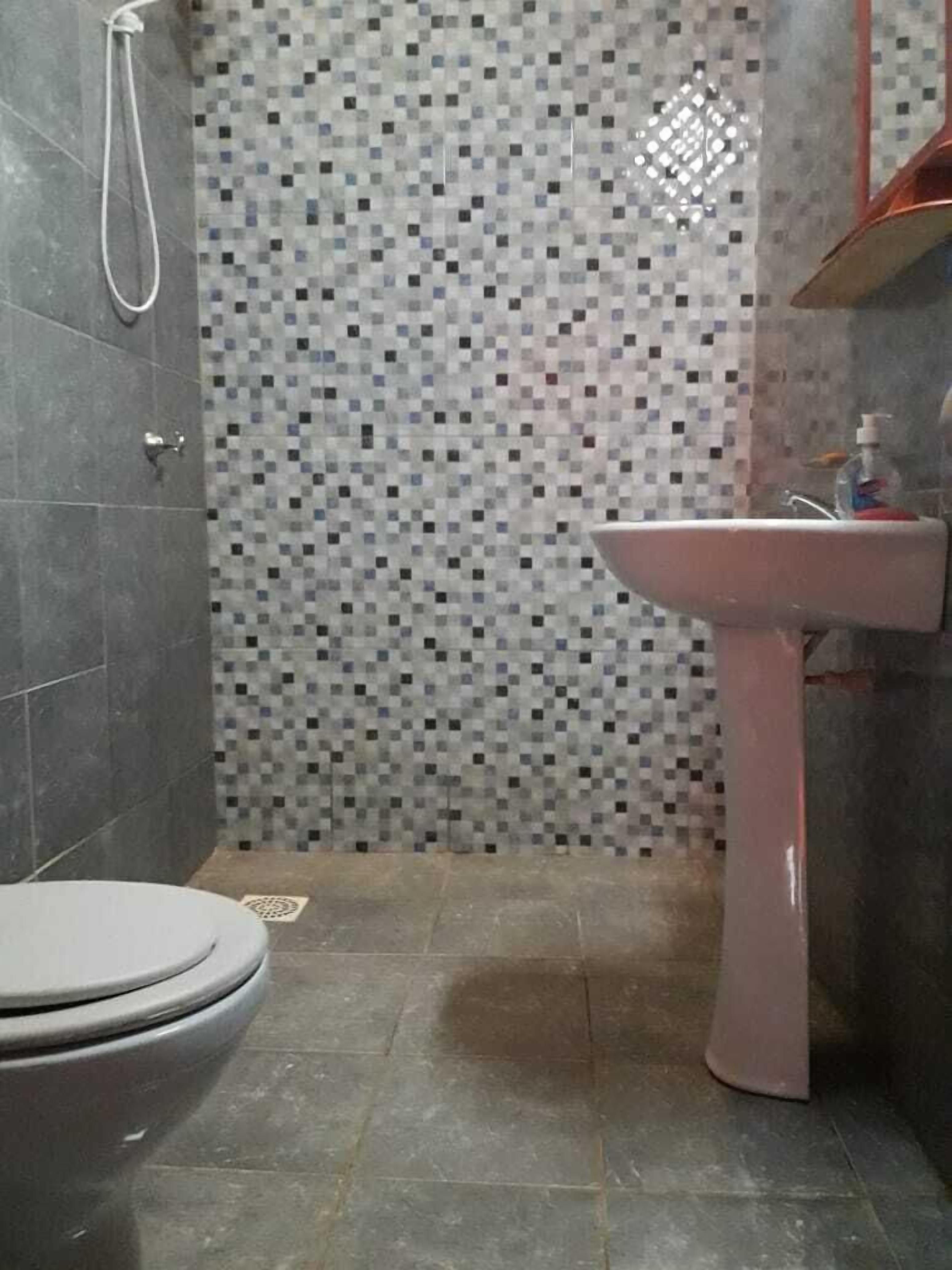 ベーシック ダブルルーム クイーンベッド 2 台 | バスルーム | シャワー、石鹸、シャンプー、トイレットペーパー