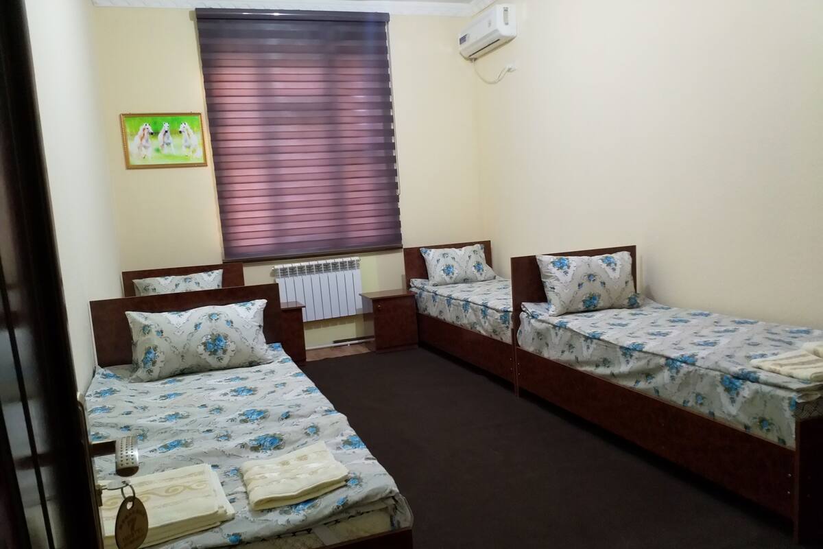 Une chambre avec deux lits simples, un radiateur, une fenêtre avec des stores et un tableau au mur.