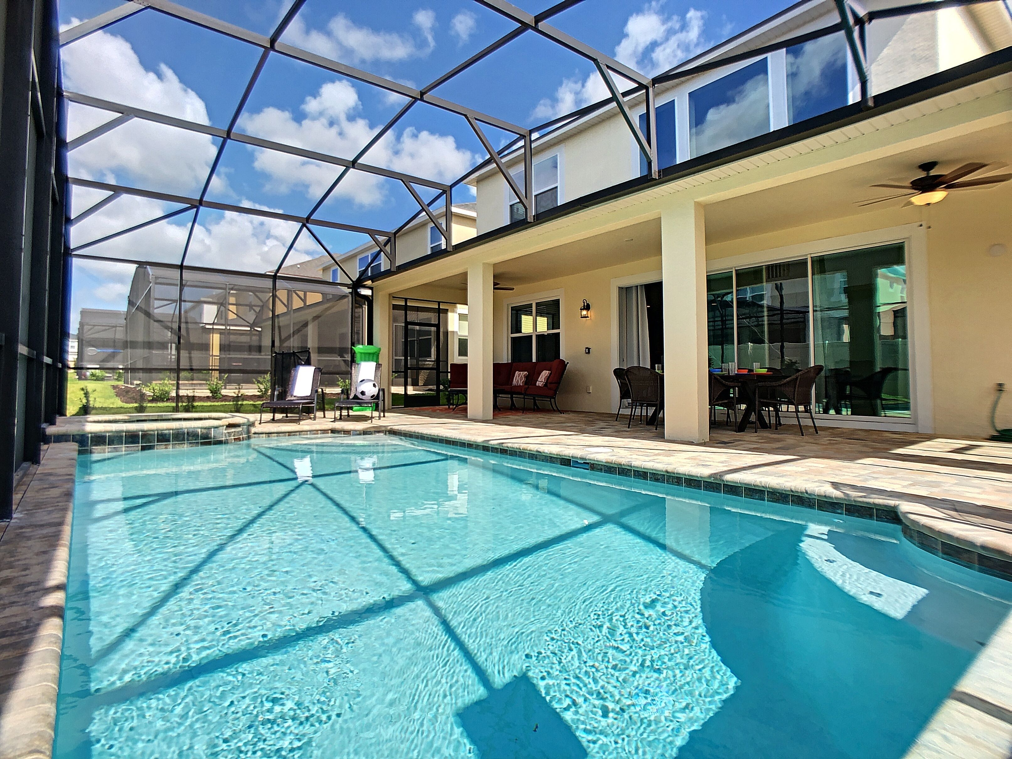 A heated pool, pool loungers
